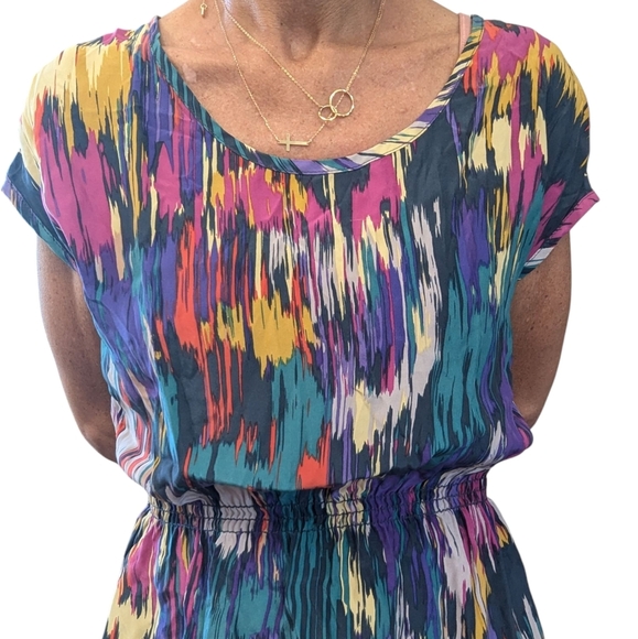 Women's SILK Cap Sleeve Multicolor Abstract Party Blouson Mini Dress Size M - Picture 14 of 15